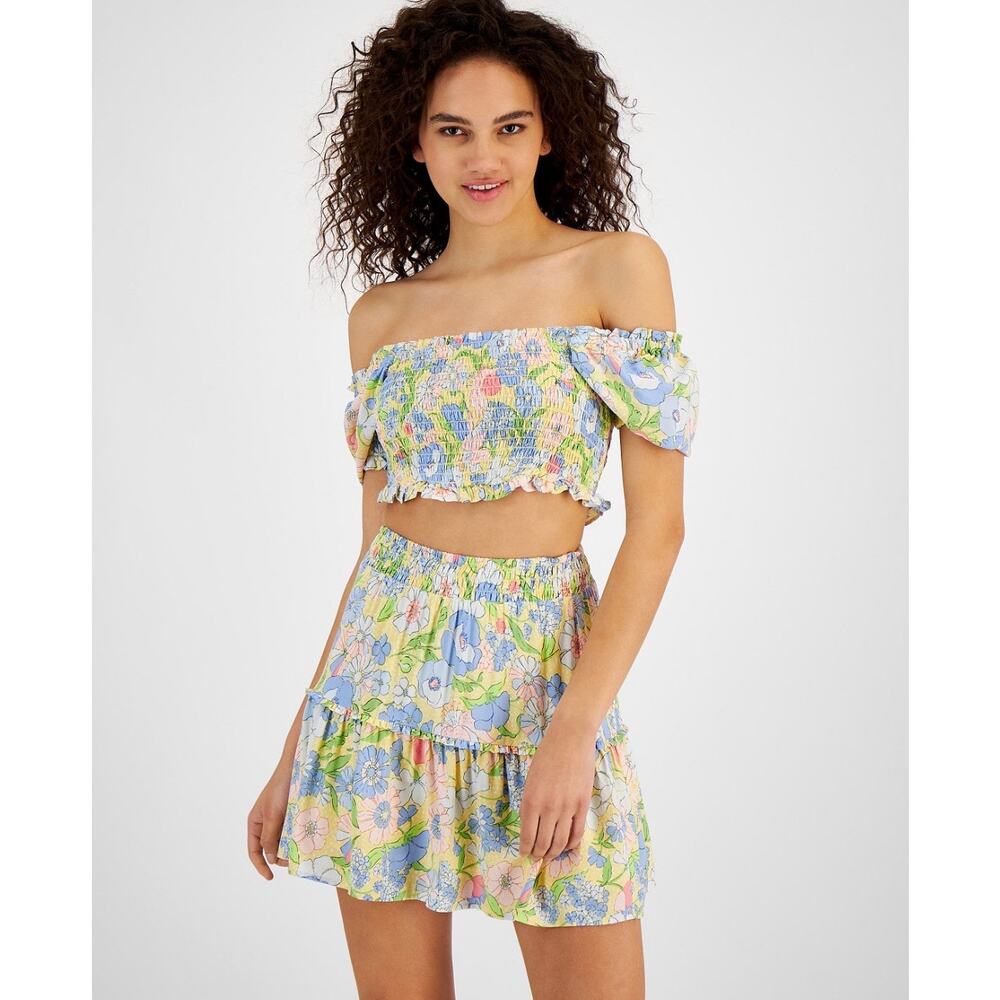 Bar III Women's Floral Coquette Off The Shoulder Crop Top - Size XL - Smocked